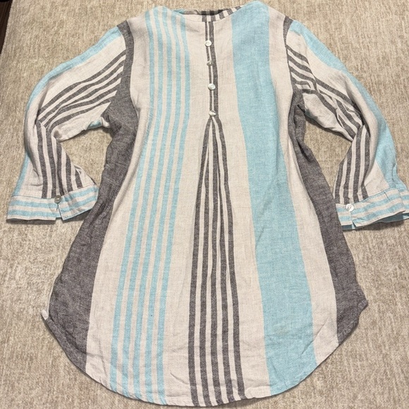 XL 100% Linen Tunic button up striped LONG shell buttons long sleeve Beachy - Picture 4 of 8
